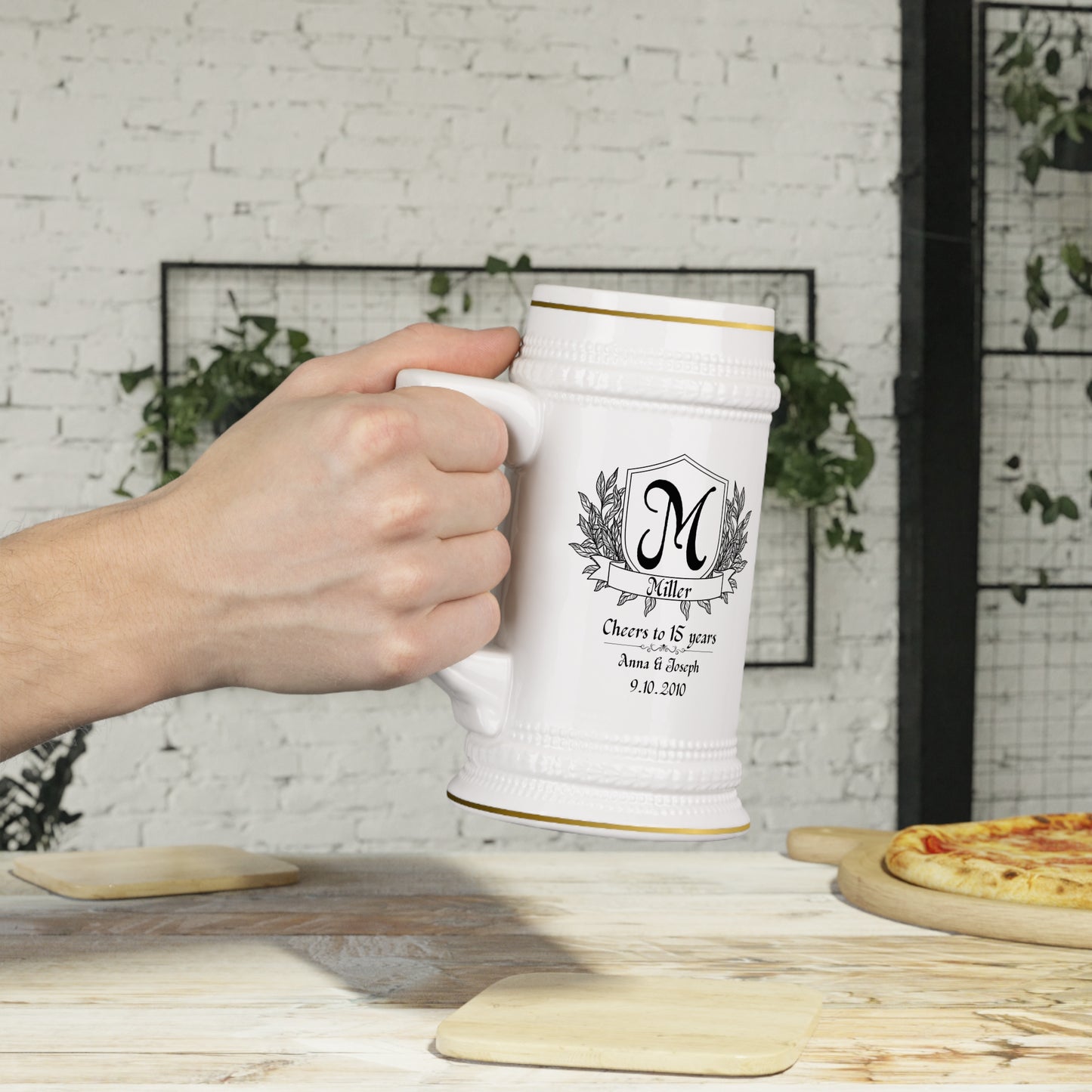 Beer Stein Mug - Anniversary Cheers to 15 Years Ceramic, Personalized Monogram 'Miller' Design