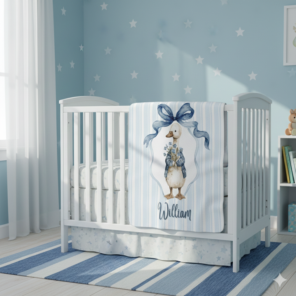 Personalized Baby Blanket - Blue Striped Sherpa with Duck & Name