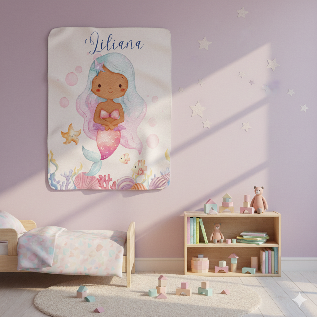 Mermaid Sherpa Blanket – Custom Name Cozy Fleece for Girls, Nautical Nursery Gift