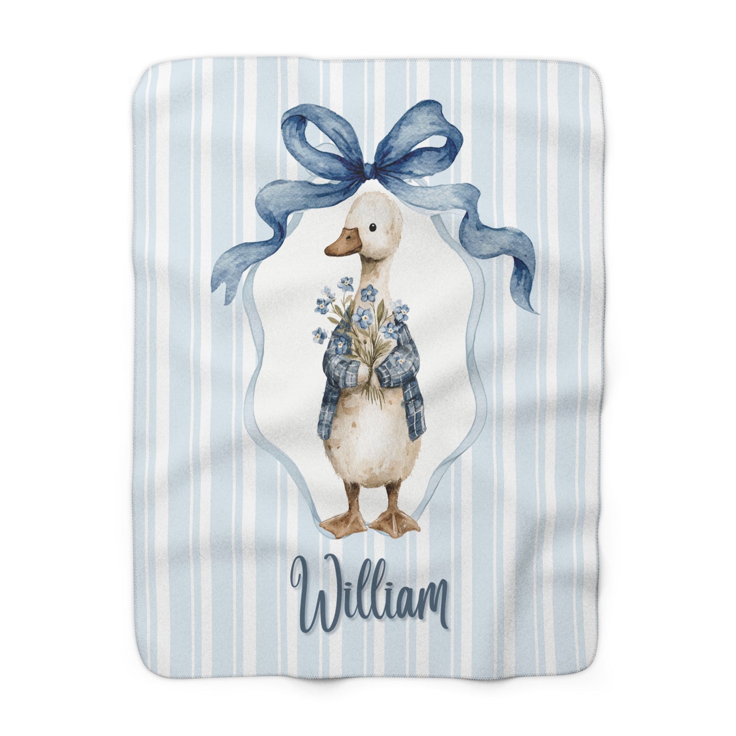 Personalized Baby Blanket - Blue Striped Sherpa with Duck & Name