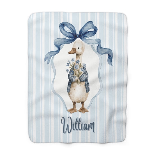 Personalized Baby Blanket - Blue Striped Sherpa with Duck & Name