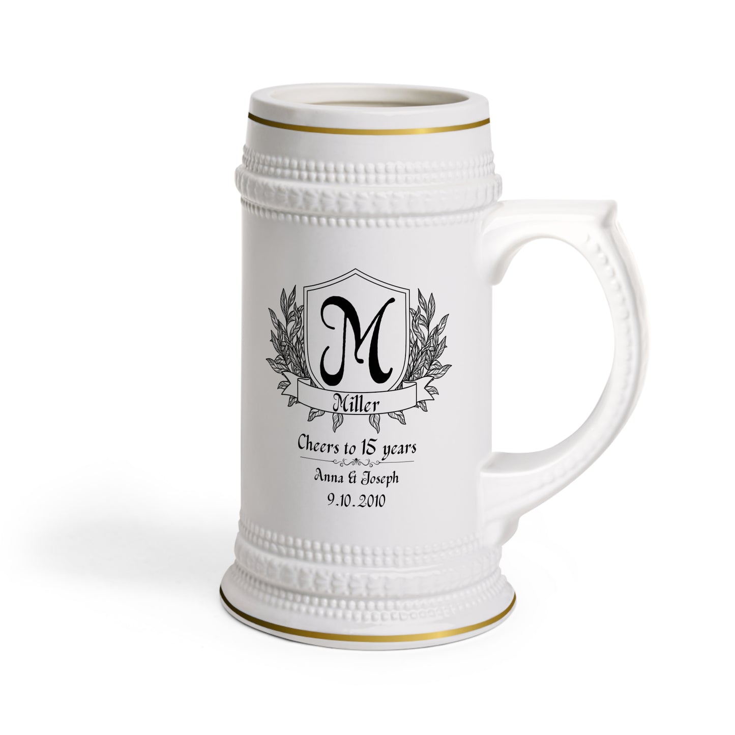 Beer Stein Mug - Anniversary Cheers to 15 Years Ceramic, Personalized Monogram 'Miller' Design