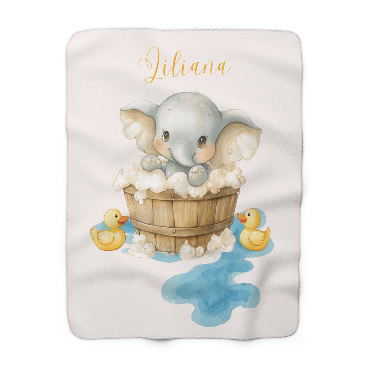 Baby Elephant Sherpa Blanket – Custom Name Plush Baby Blanket, Cute Bath Time Design, Newborn Gift