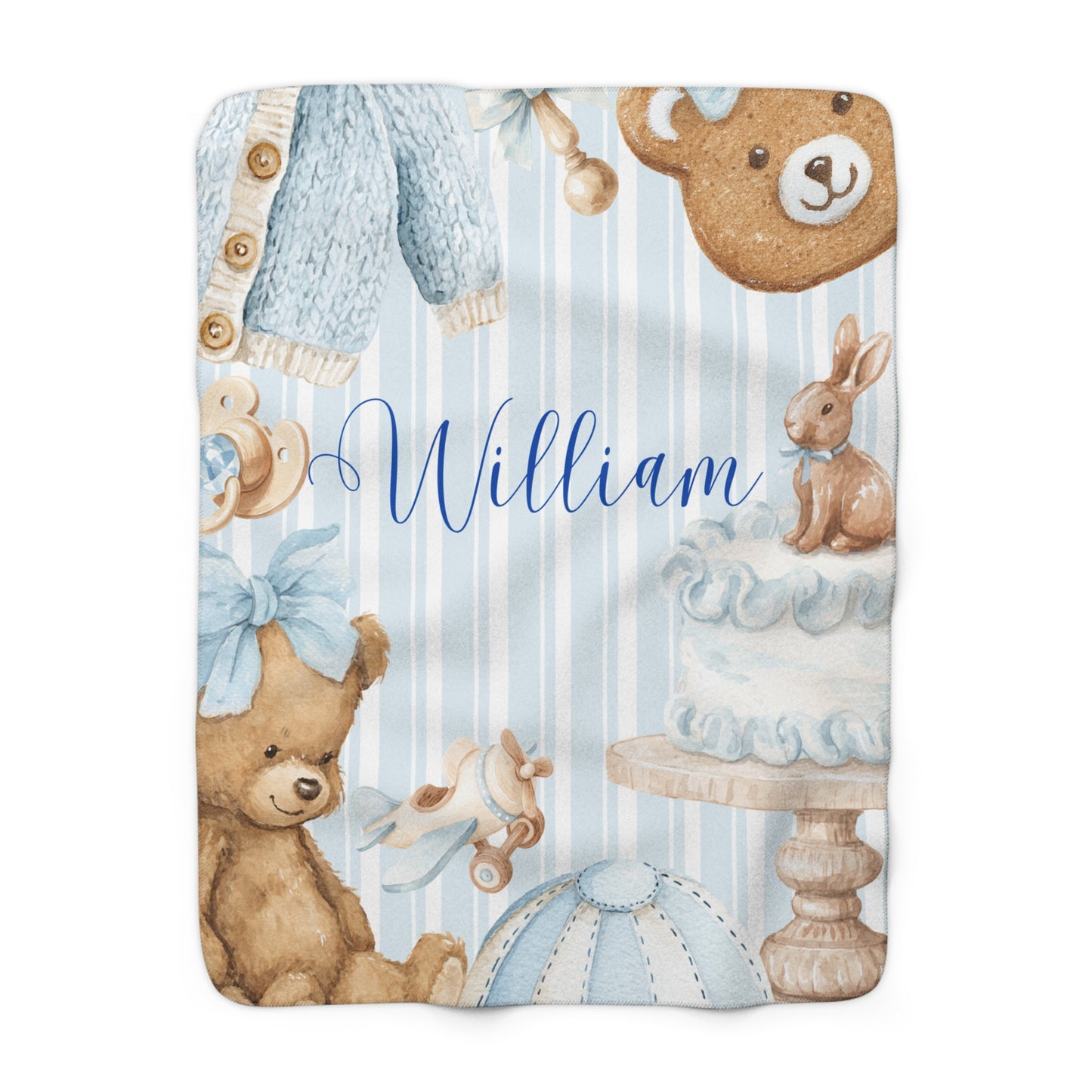Personalized Baby Boy Sherpa Blanket — "William" Blue Teddy & Cake Nursery Throw