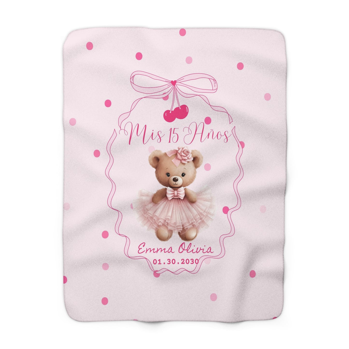 Teddy Sherpa Blanket – Custom Name & Date, Pink Polka Dot Quinceañera Gift