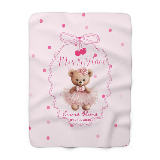 Teddy Sherpa Blanket – Custom Name & Date, Pink Polka Dot Quinceañera Gift