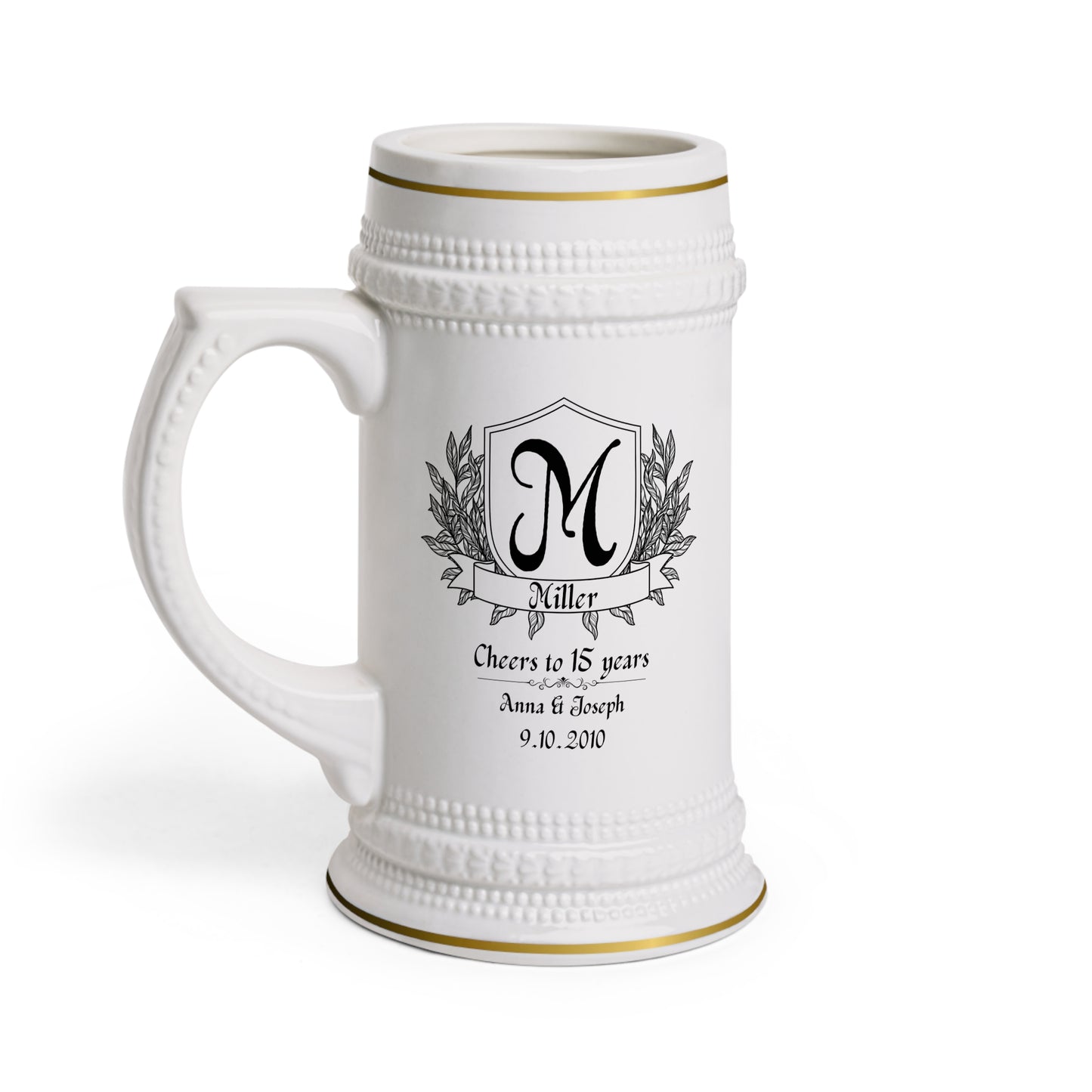 Beer Stein Mug - Anniversary Cheers to 15 Years Ceramic, Personalized Monogram 'Miller' Design