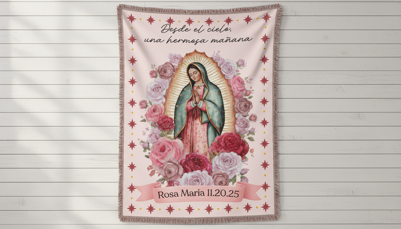Our Lady of Guadalupe Woven Blanket – Religious Prayer Throw with Floral Motif