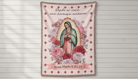Our Lady of Guadalupe Woven Blanket – Religious Prayer Throw with Floral Motif