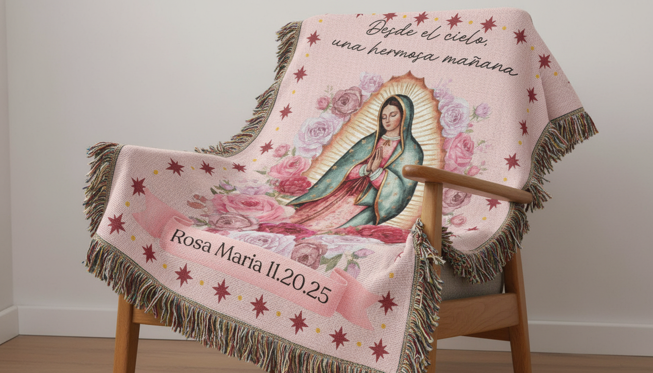 Our Lady of Guadalupe Woven Blanket – Religious Prayer Throw with Floral Motif