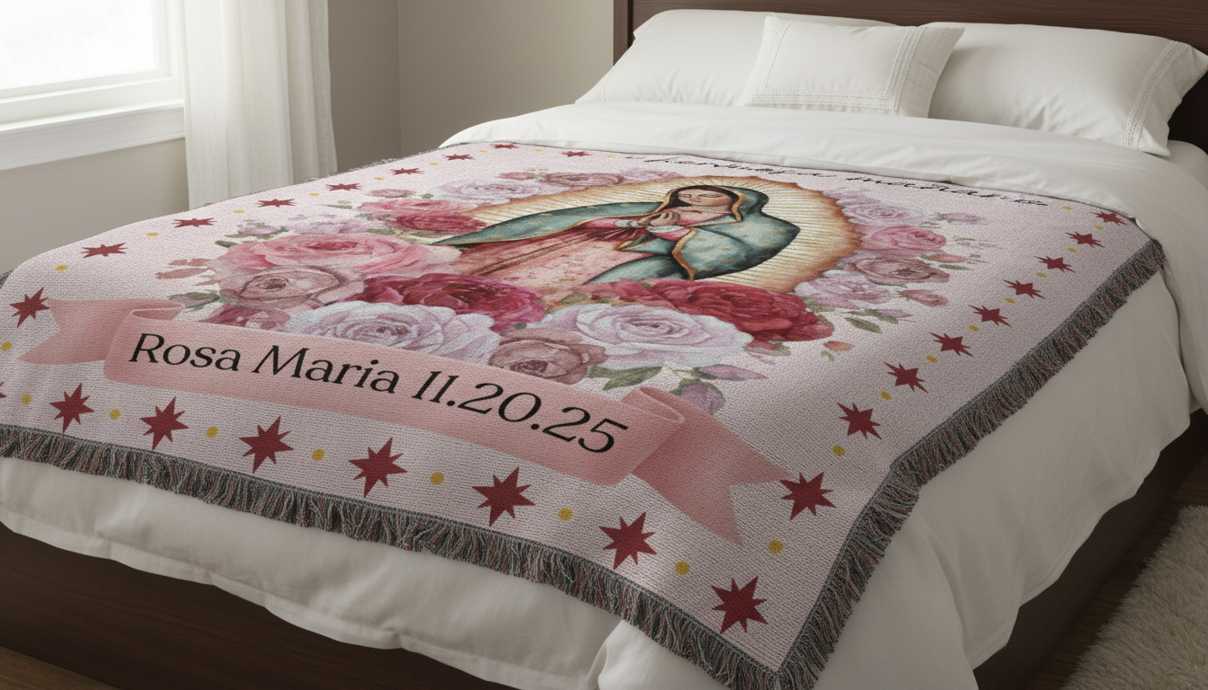Our Lady of Guadalupe Woven Blanket – Religious Prayer Throw with Floral Motif