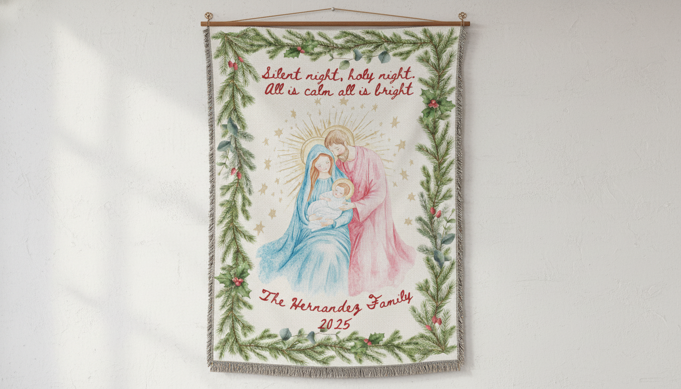 Nativity Woven Blanket — Religious Holiday Throw with Mary & Baby Jesus Design