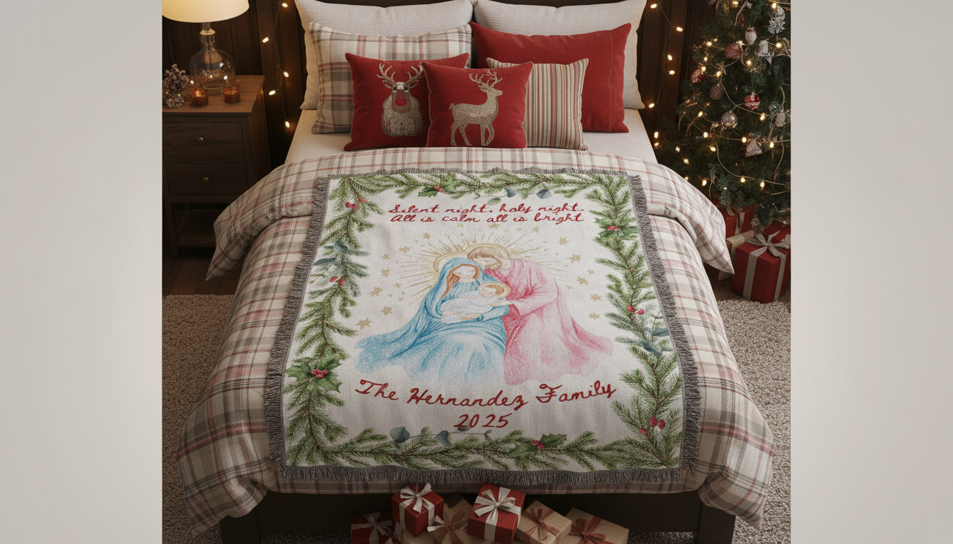 Nativity Woven Blanket — Religious Holiday Throw with Mary & Baby Jesus Design