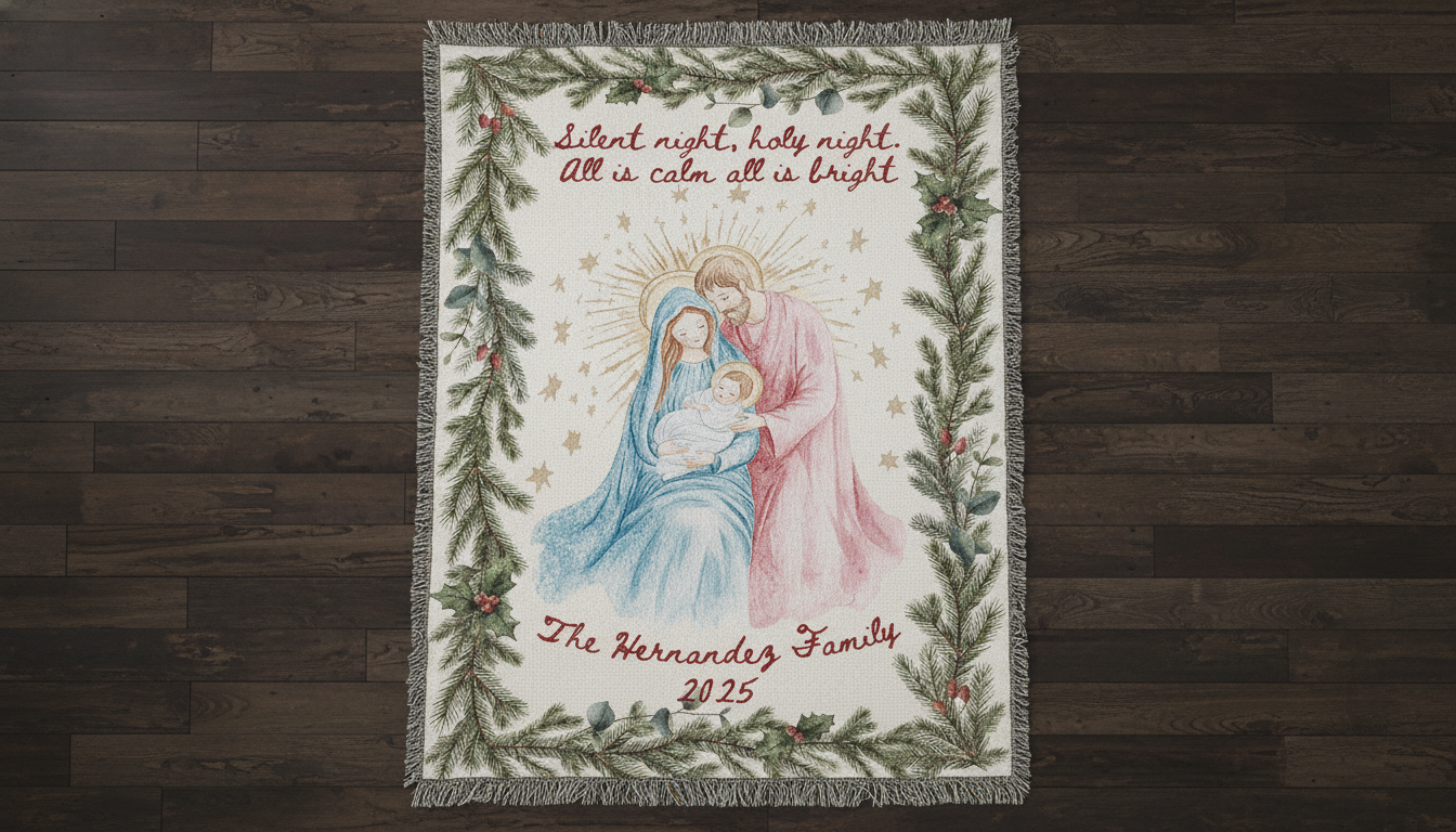Nativity Woven Blanket — Religious Holiday Throw with Mary & Baby Jesus Design