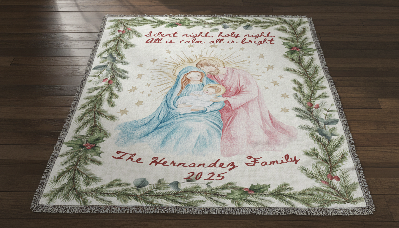 Nativity Woven Blanket — Religious Holiday Throw with Mary & Baby Jesus Design
