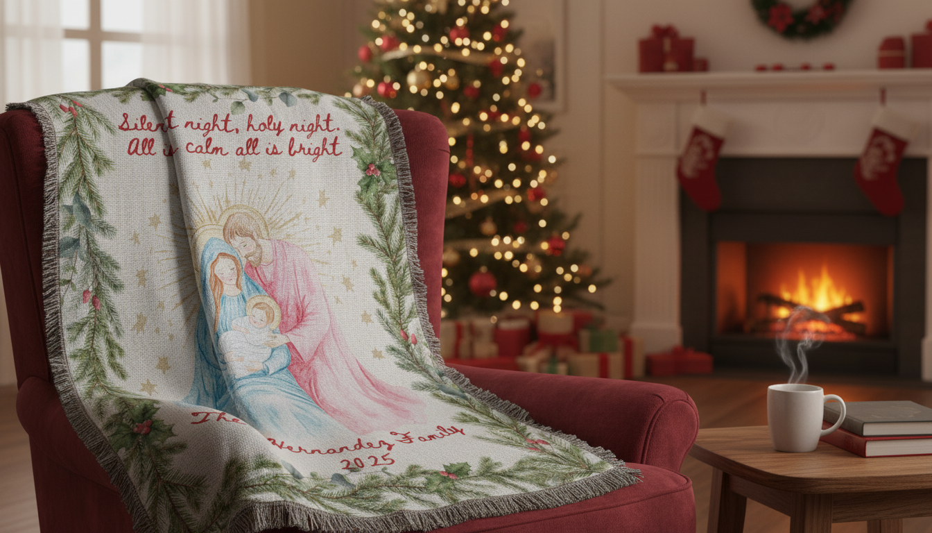 Nativity Woven Blanket — Religious Holiday Throw with Mary & Baby Jesus Design
