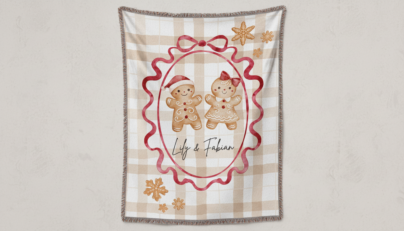 Gingerbread Couple Woven Blanket — Cozy Holiday Throw with Fringe