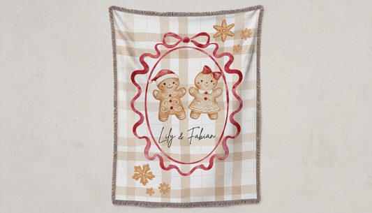 Gingerbread Couple Woven Blanket — Cozy Holiday Throw with Fringe