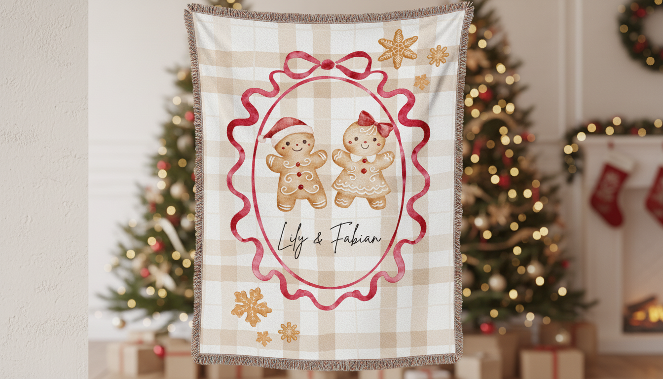Gingerbread Couple Woven Blanket — Cozy Holiday Throw with Fringe