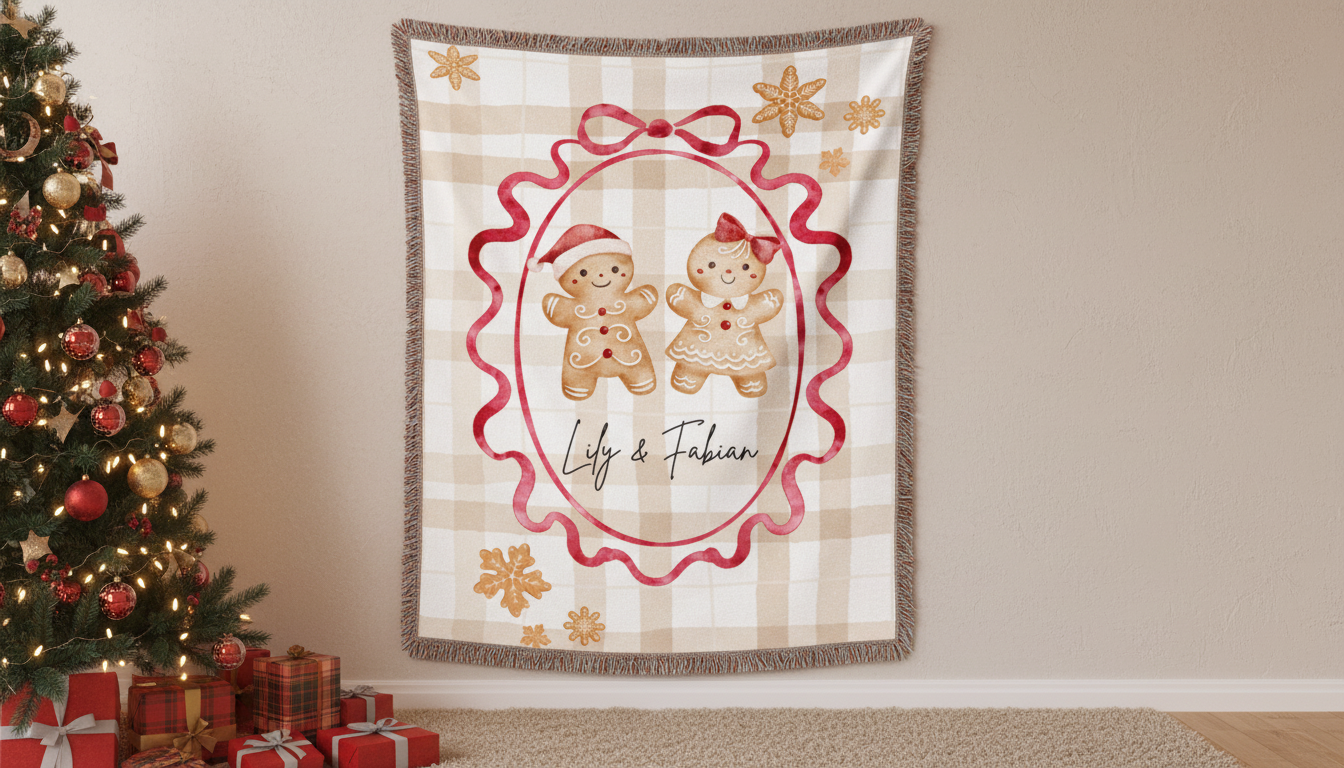 Gingerbread Couple Woven Blanket — Cozy Holiday Throw with Fringe