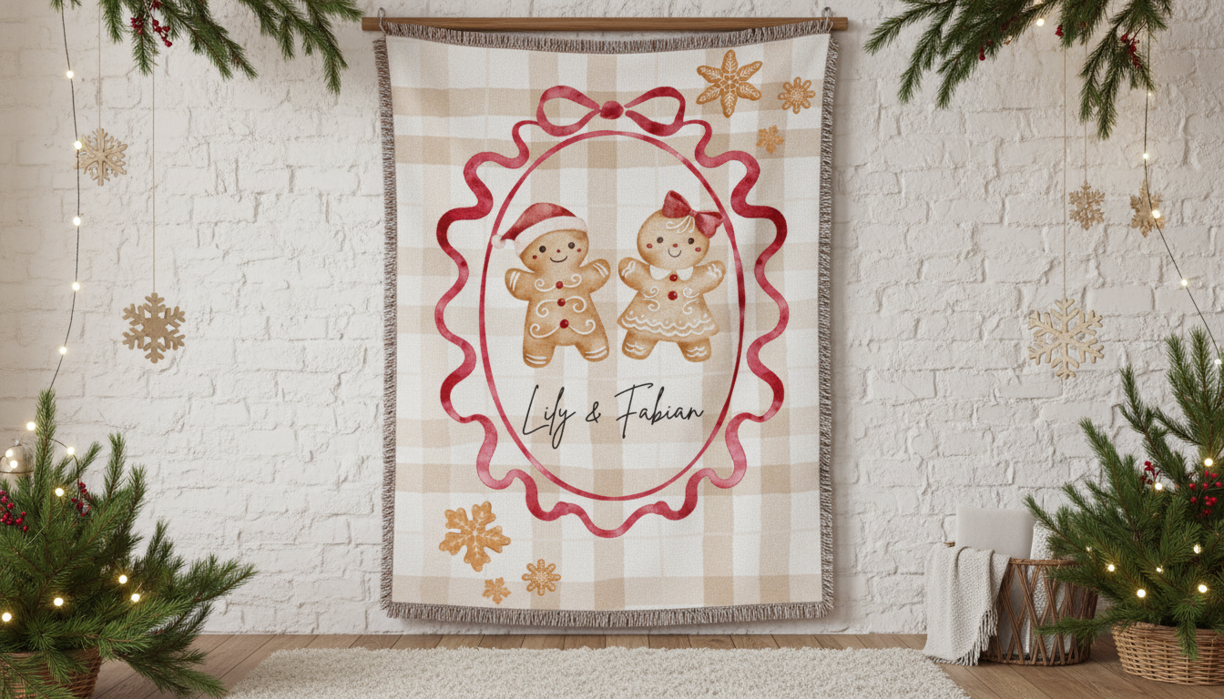 Gingerbread Couple Woven Blanket — Cozy Holiday Throw with Fringe