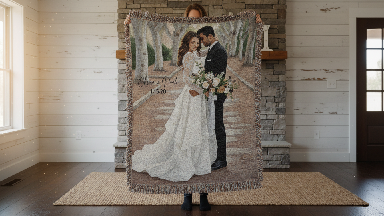 Wedding Photo Woven Blanket — Personalized Bridal Keepsake Throw