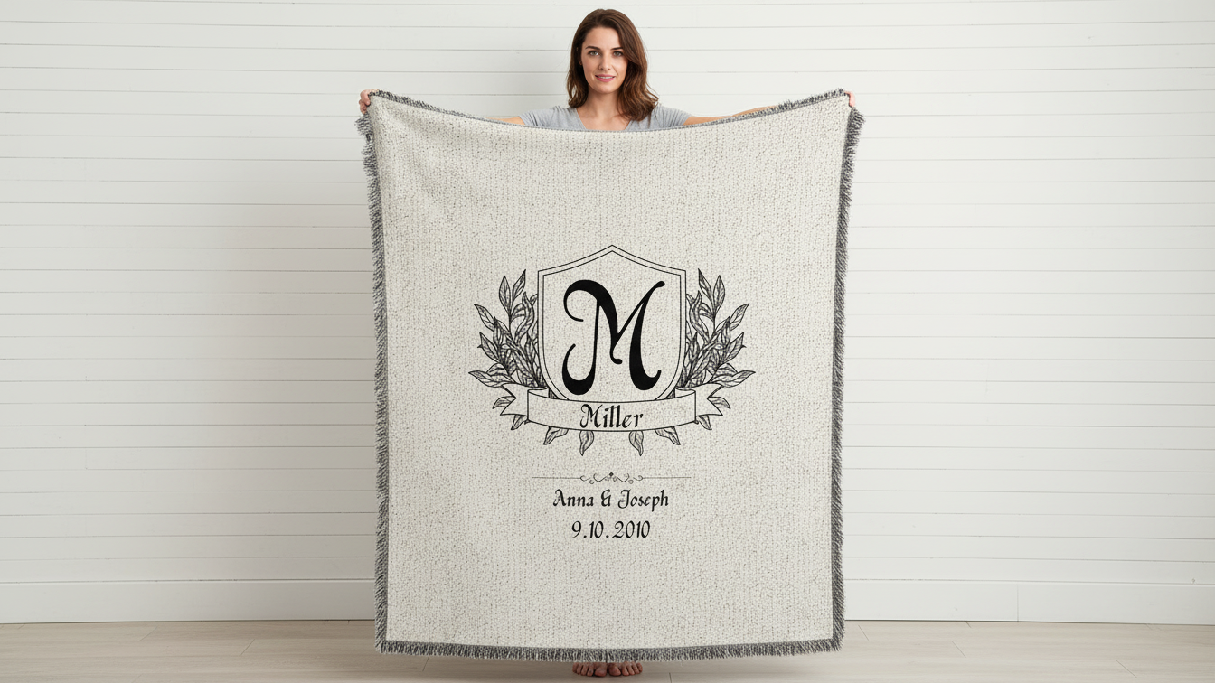 Monogram Woven Blanket – Personalized Initial Throw with Laurel Crest (Custom Letter)