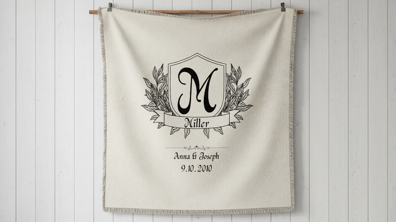 Monogram Woven Blanket – Personalized Initial Throw with Laurel Crest (Custom Letter)