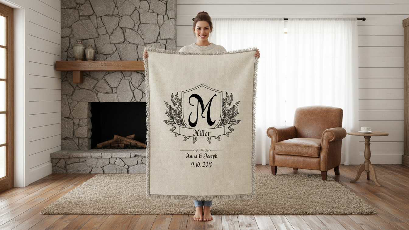 Monogram Woven Blanket – Personalized Initial Throw with Laurel Crest (Custom Letter)