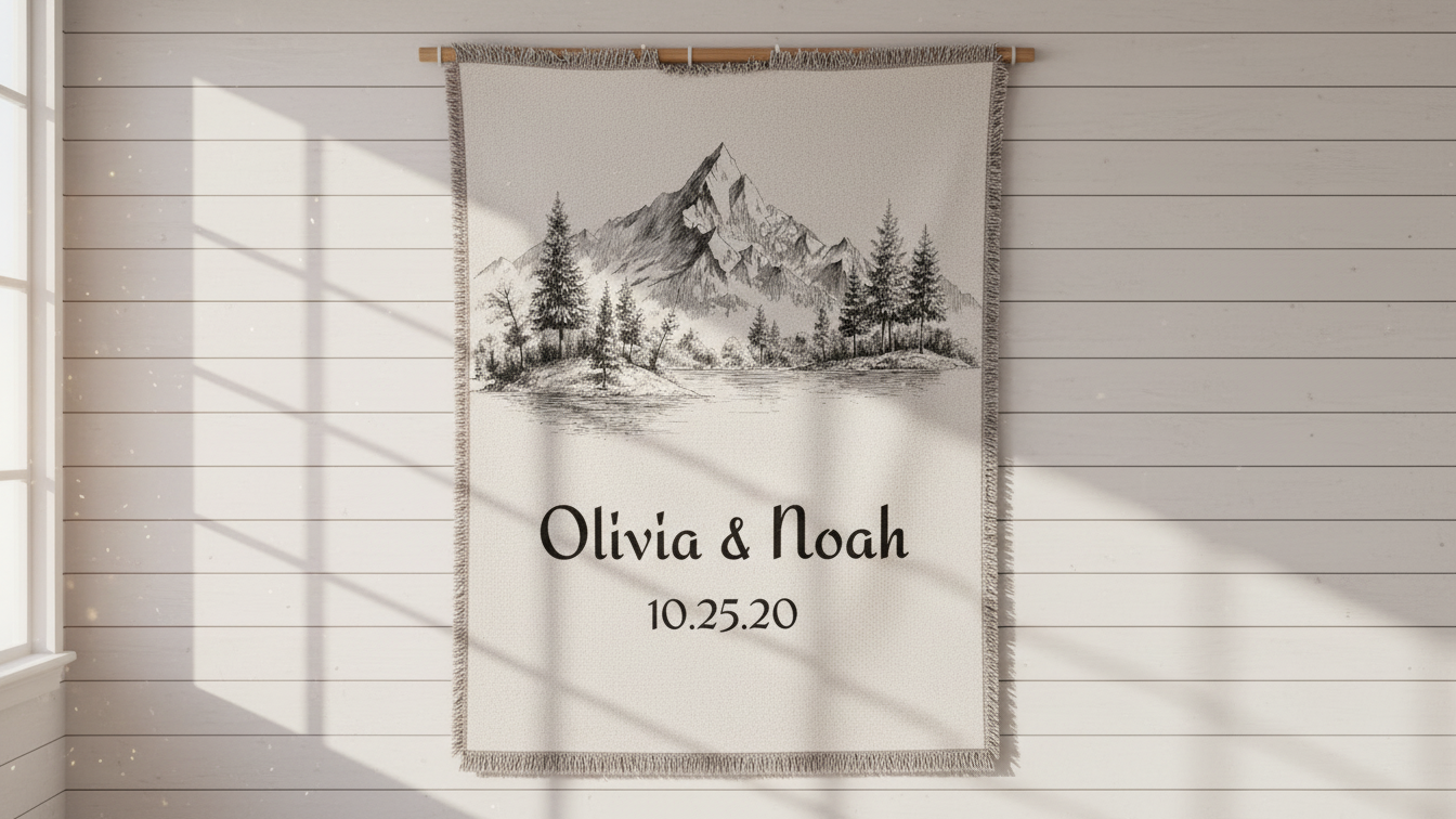 Personalized Mountain Scene Woven Blanket — Custom Name & Date Throw