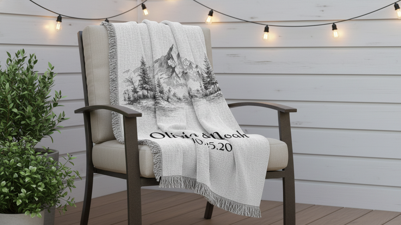 Personalized Mountain Scene Woven Blanket — Custom Name & Date Throw
