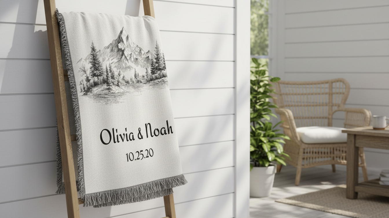 Personalized Mountain Scene Woven Blanket — Custom Name & Date Throw