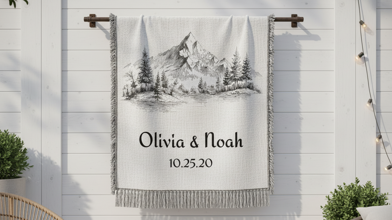 Personalized Mountain Scene Woven Blanket — Custom Name & Date Throw