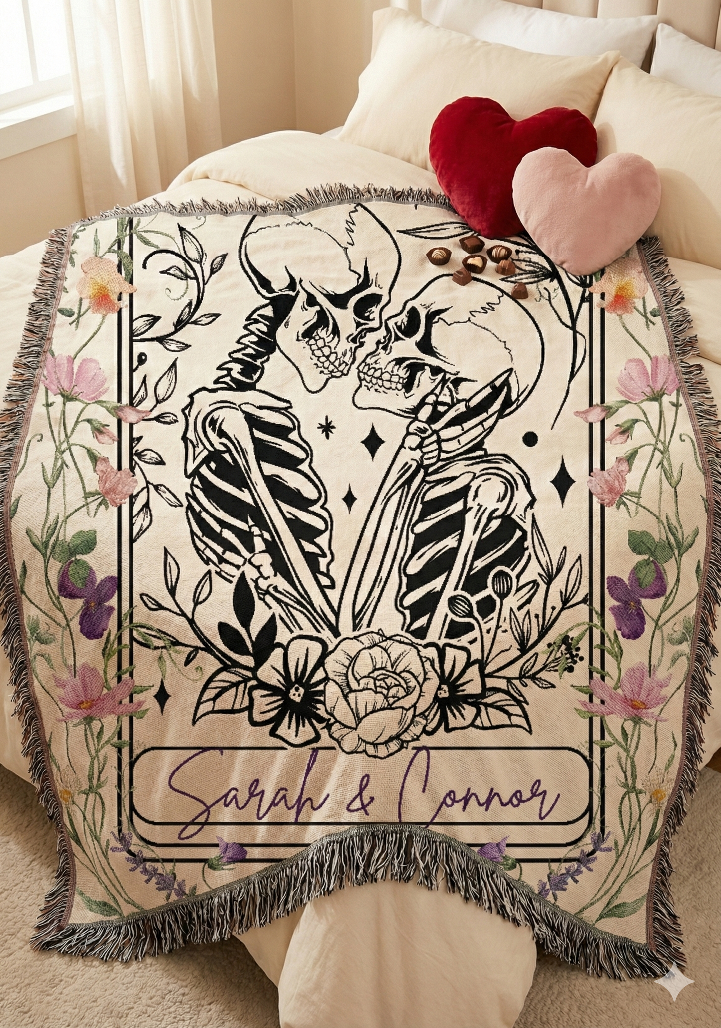 Personalized "The Lovers" Skeleton Tarot Woven Blanket