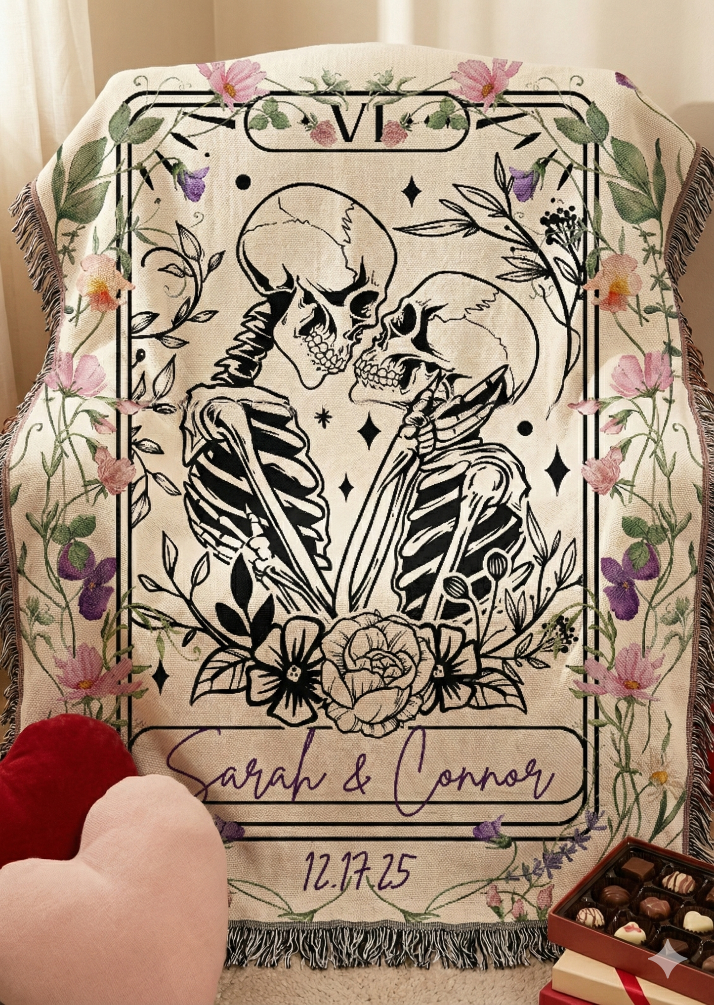 Personalized "The Lovers" Skeleton Tarot Woven Blanket