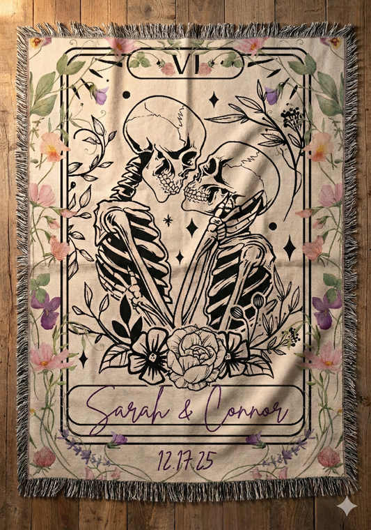 Personalized "The Lovers" Skeleton Tarot Woven Blanket