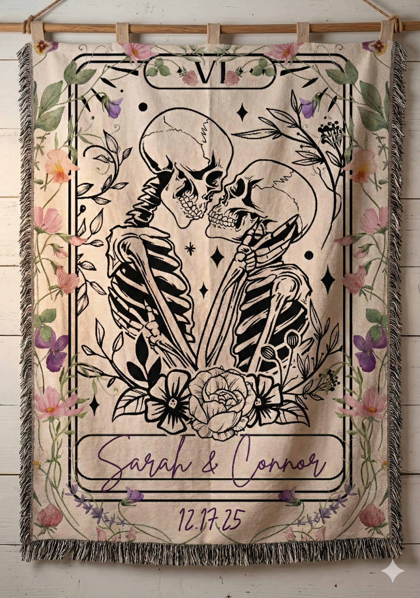 Personalized "The Lovers" Skeleton Tarot Woven Blanket