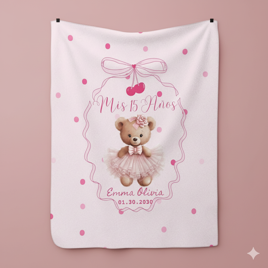 Teddy Sherpa Blanket – Custom Name & Date, Pink Polka Dot Quinceañera Gift