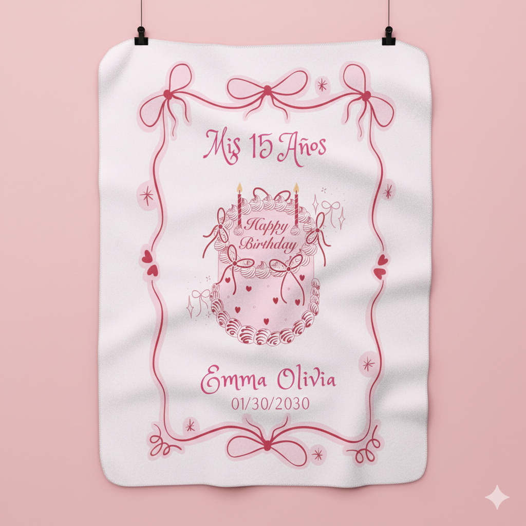 Coquette Quinceañera Sherpa Blanket, Pink Cake, Happy Birthday