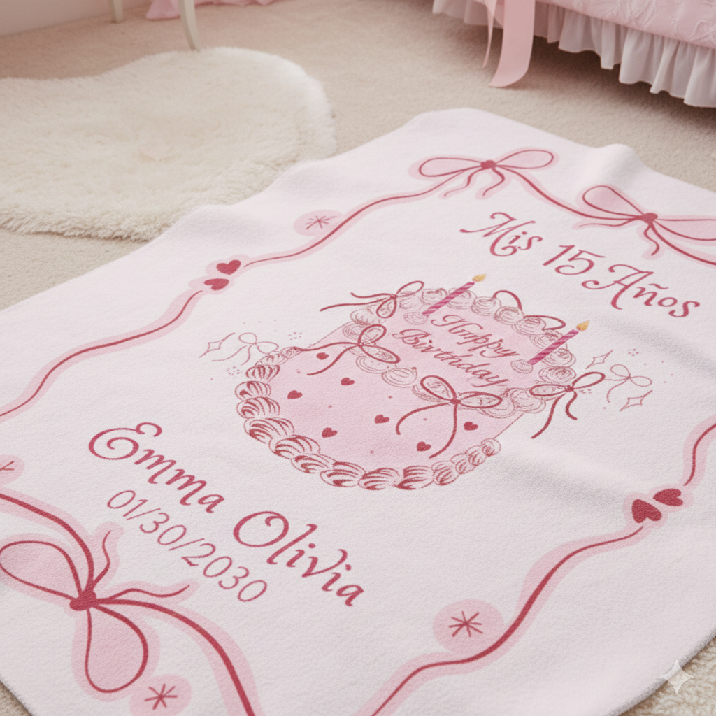 Coquette Quinceañera Sherpa Blanket, Pink Cake, Happy Birthday