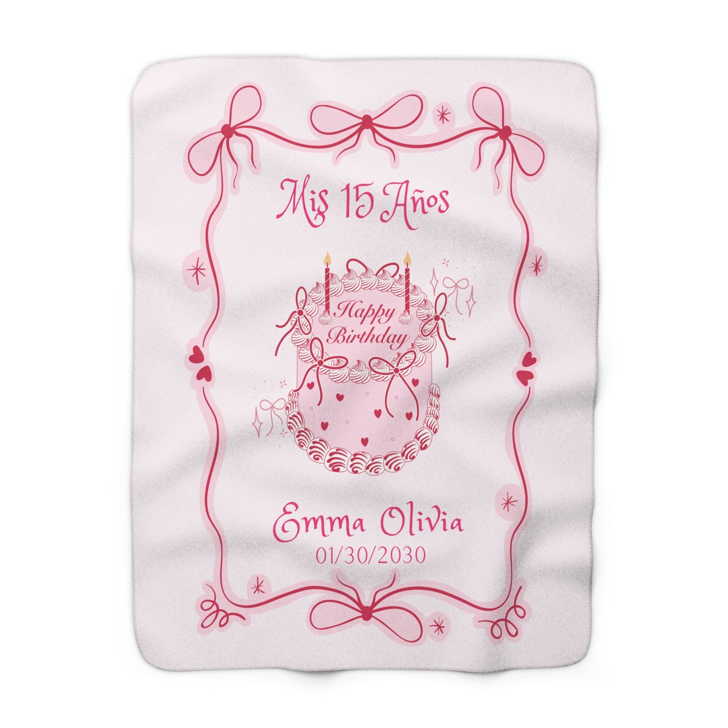 Coquette Quinceañera Sherpa Blanket, Pink Cake, Happy Birthday