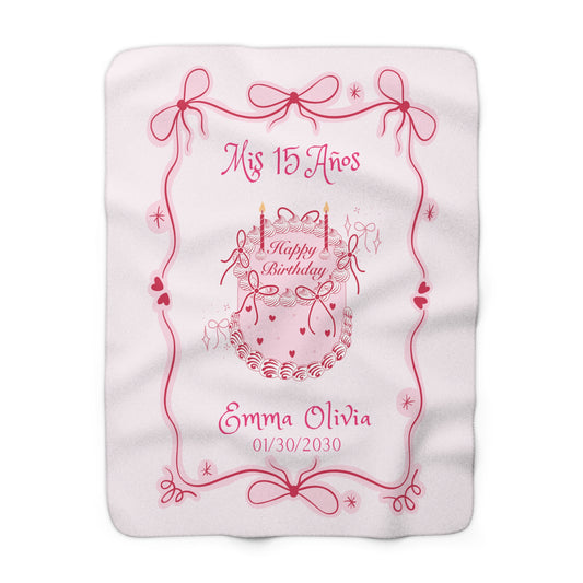 Coquette Quinceañera Sherpa Blanket, Pink Cake, Happy Birthday