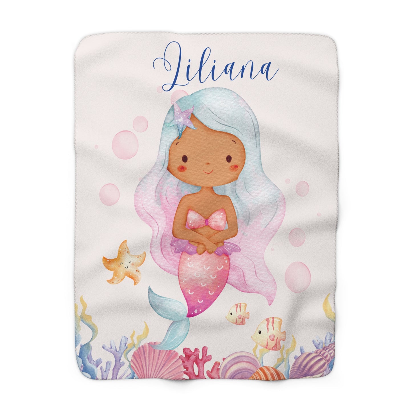 Mermaid Sherpa Blanket – Custom Name Cozy Fleece for Girls, Nautical Nursery Gift