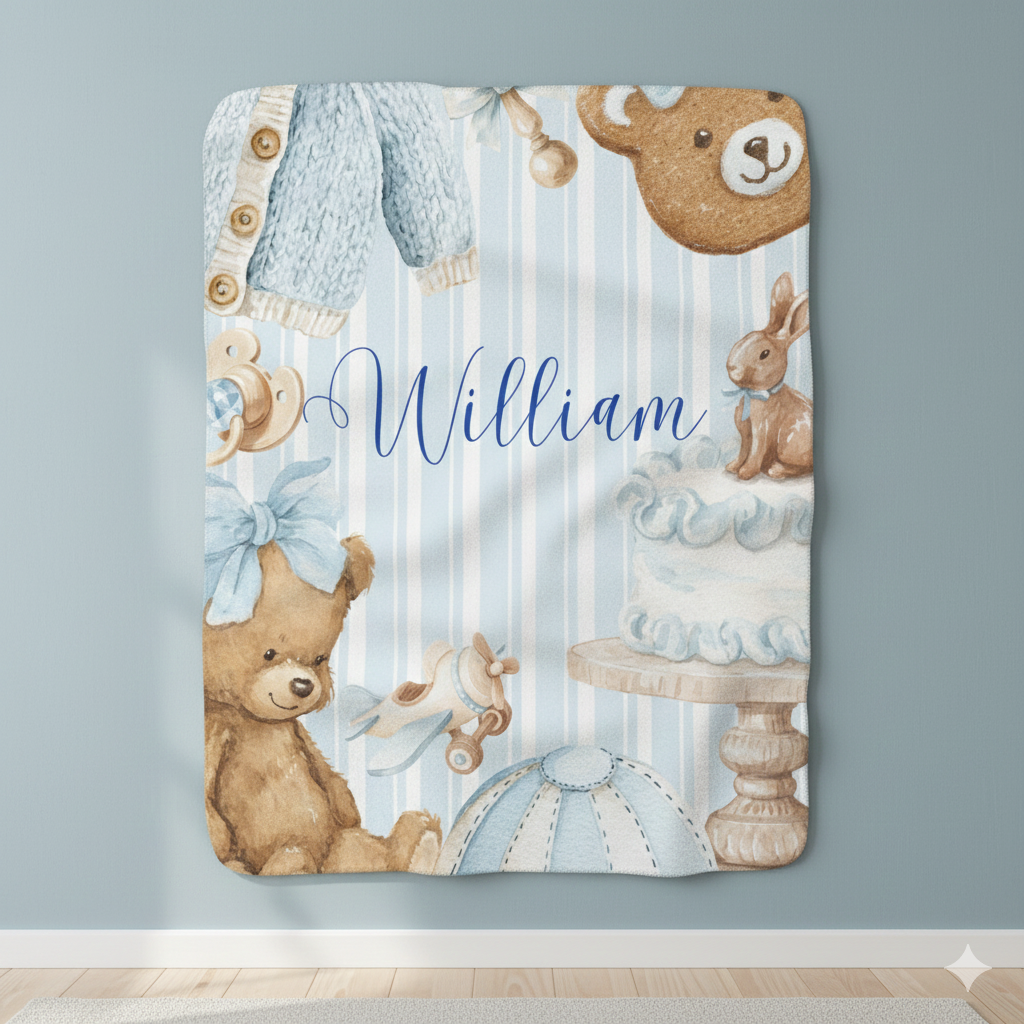 Personalized Baby Boy Sherpa Blanket — "William" Blue Teddy & Cake Nursery Throw