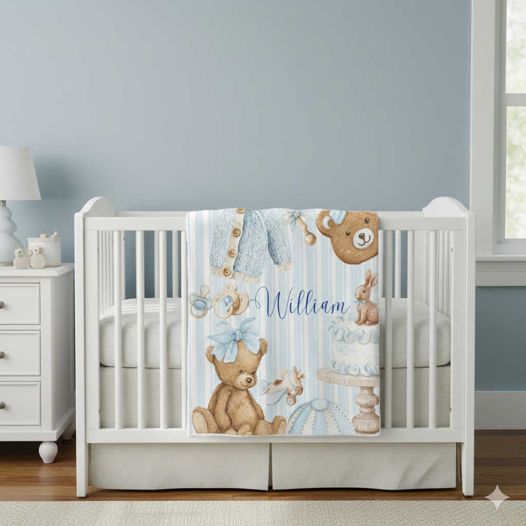 Personalized Baby Boy Sherpa Blanket — "William" Blue Teddy & Cake Nursery Throw